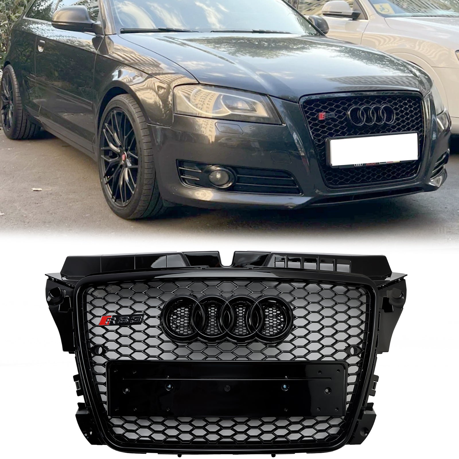 Grille avant sport en nid d'abeille style RS3 brillante noire pour Audi A3 / A3 Sline / S3 8P 2008-2013.