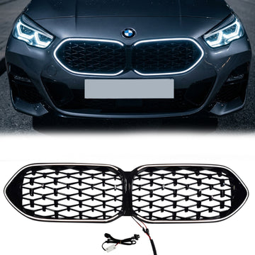 2020-2023 BMW 2-sarjan Gran Coupe F44 kiiltävä musta timanttisäleikkö etupuskurin vaihtosäleikkö W/ LED