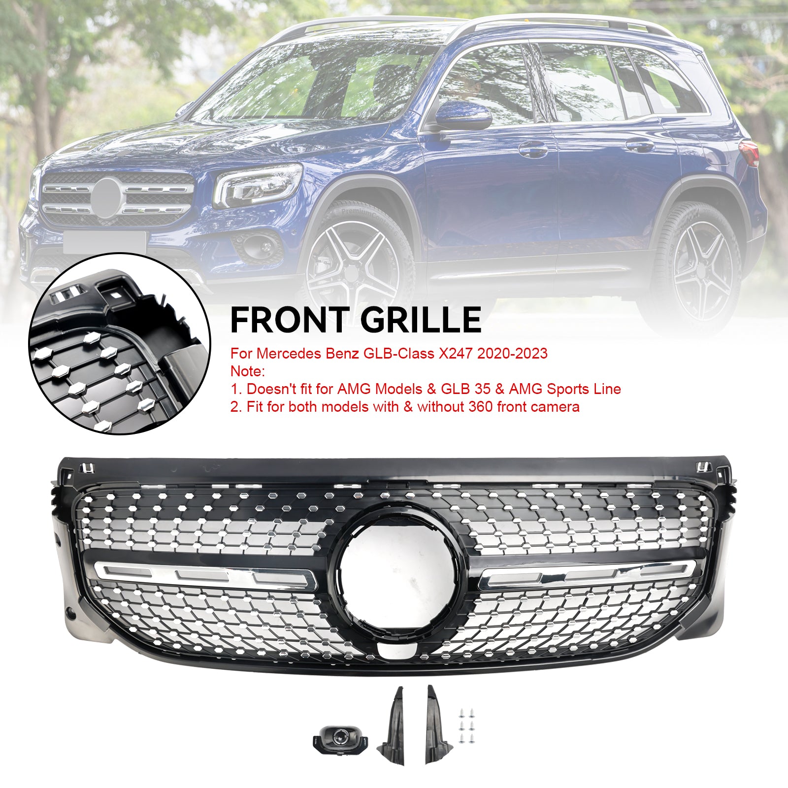 Mercedes Benz GLB-Class X247 GLB180/200/220/250 2020-2023 Front Bumper Grill Black/Diamond AMG Style Grille