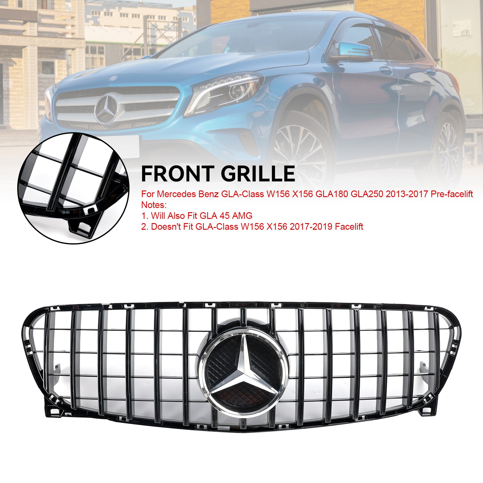 Grille de pare-chocs avant noire de style GT pour Mercedes Benz Classe GLA W156 X156 GLA200/220/250/GLA45 2013-2017