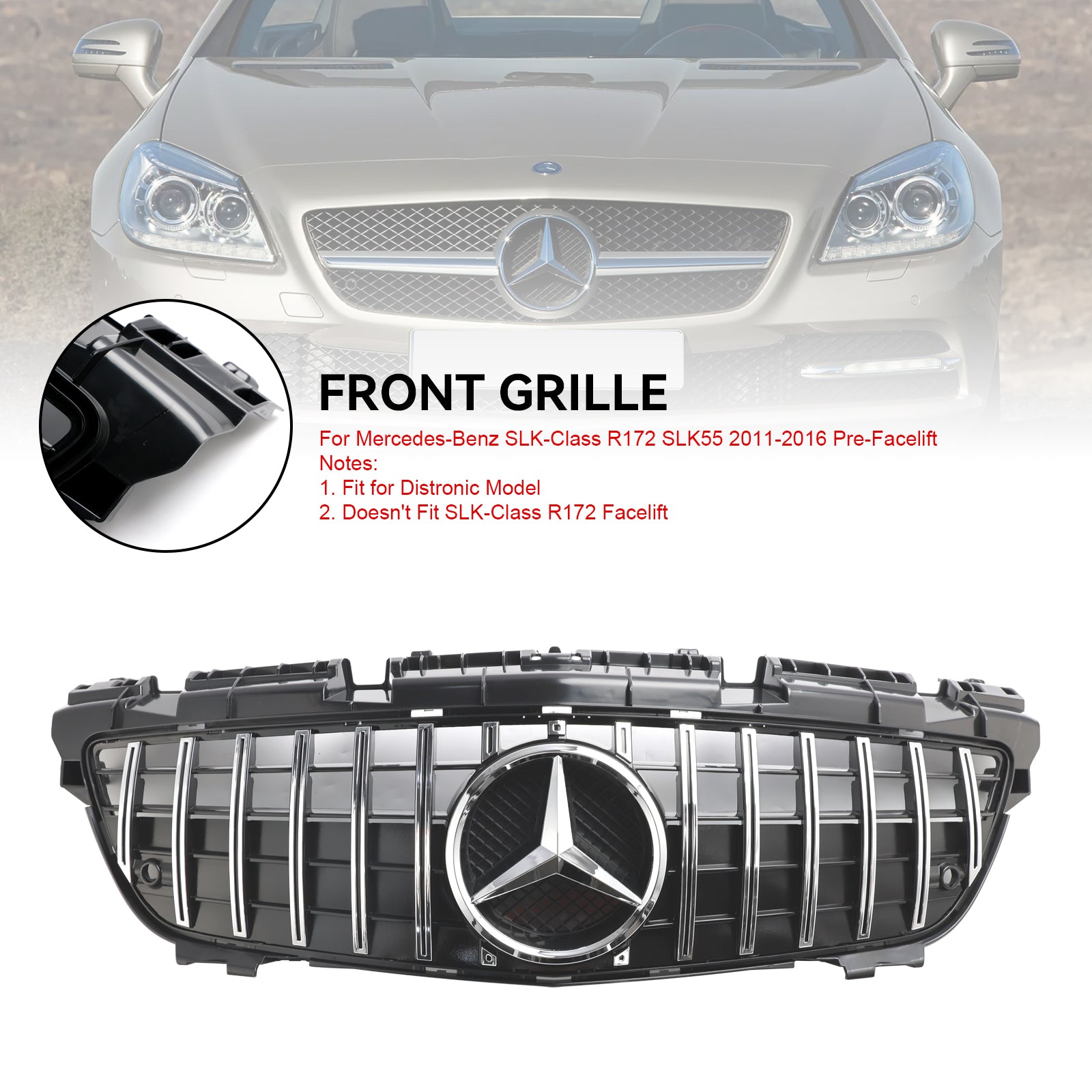 2011-2016 Mercedes Benz SLK-Class R172 GT Style Grille Front Bumper Chrome Replacement Grill