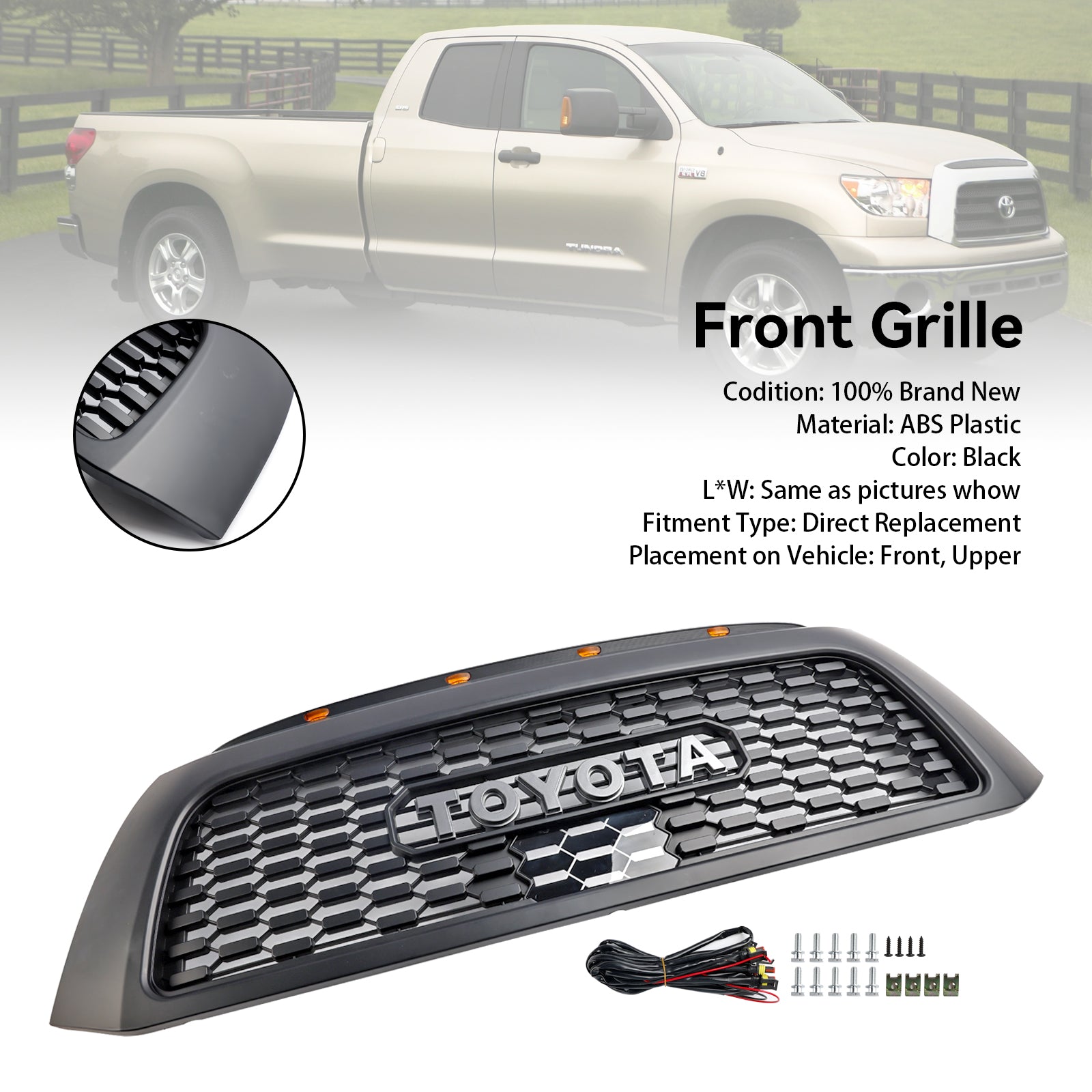 TRD PRO Style | Toyota Tundra | Matte Black | Front Bumper Grille | 2006-2013 | Honeycomb Mesh Grill + LED Light + Letter