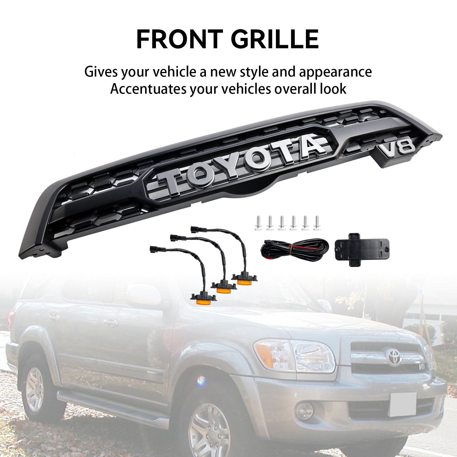 Toyota Sequoia 2005 2006 2007 TRO PRO Grill Black Front Bumper Replacement Grille With LED Light