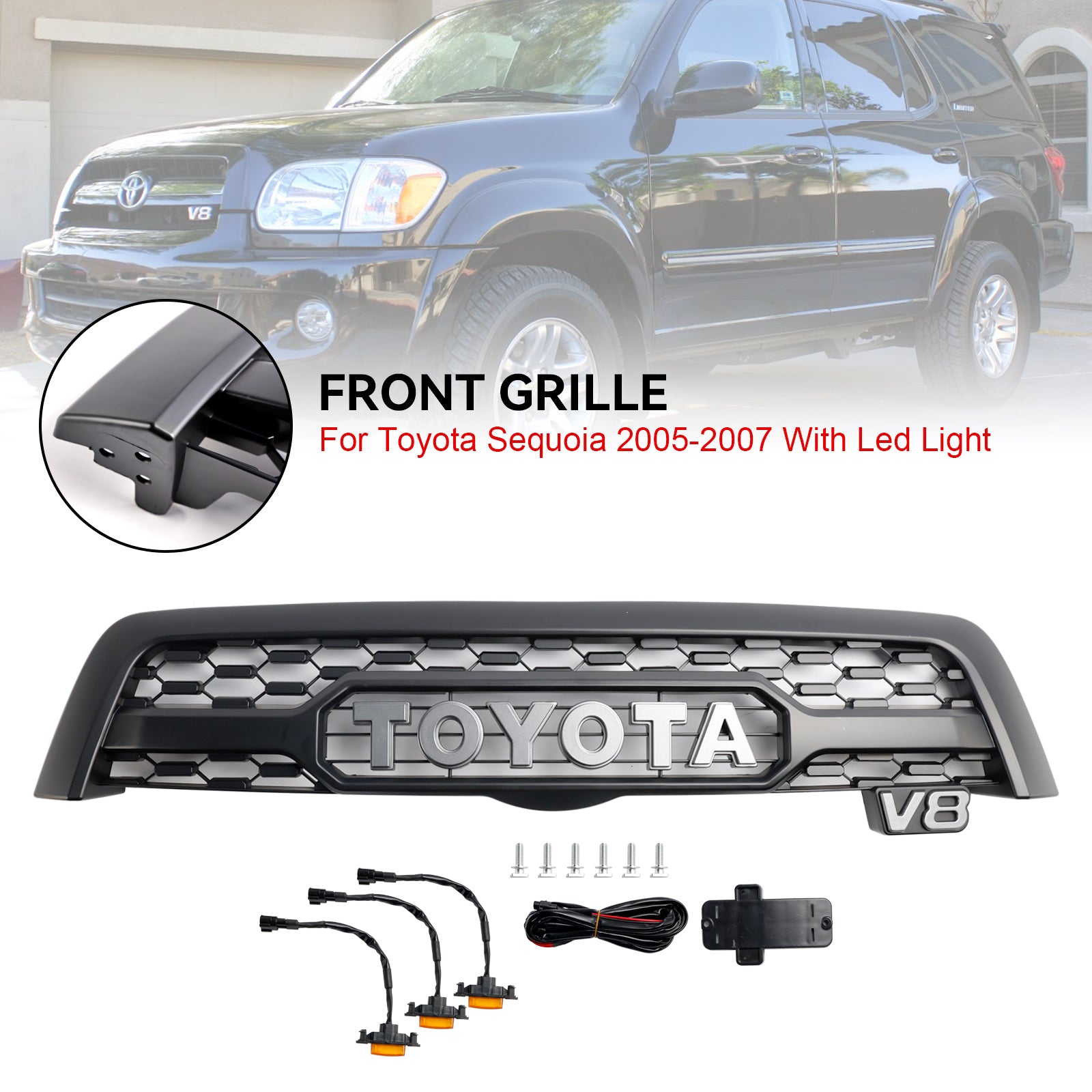 Grille de pare-chocs avant de style Toyota Sequoia TRO PRO 2005-2007, calandre noire mate avec éclairage LED