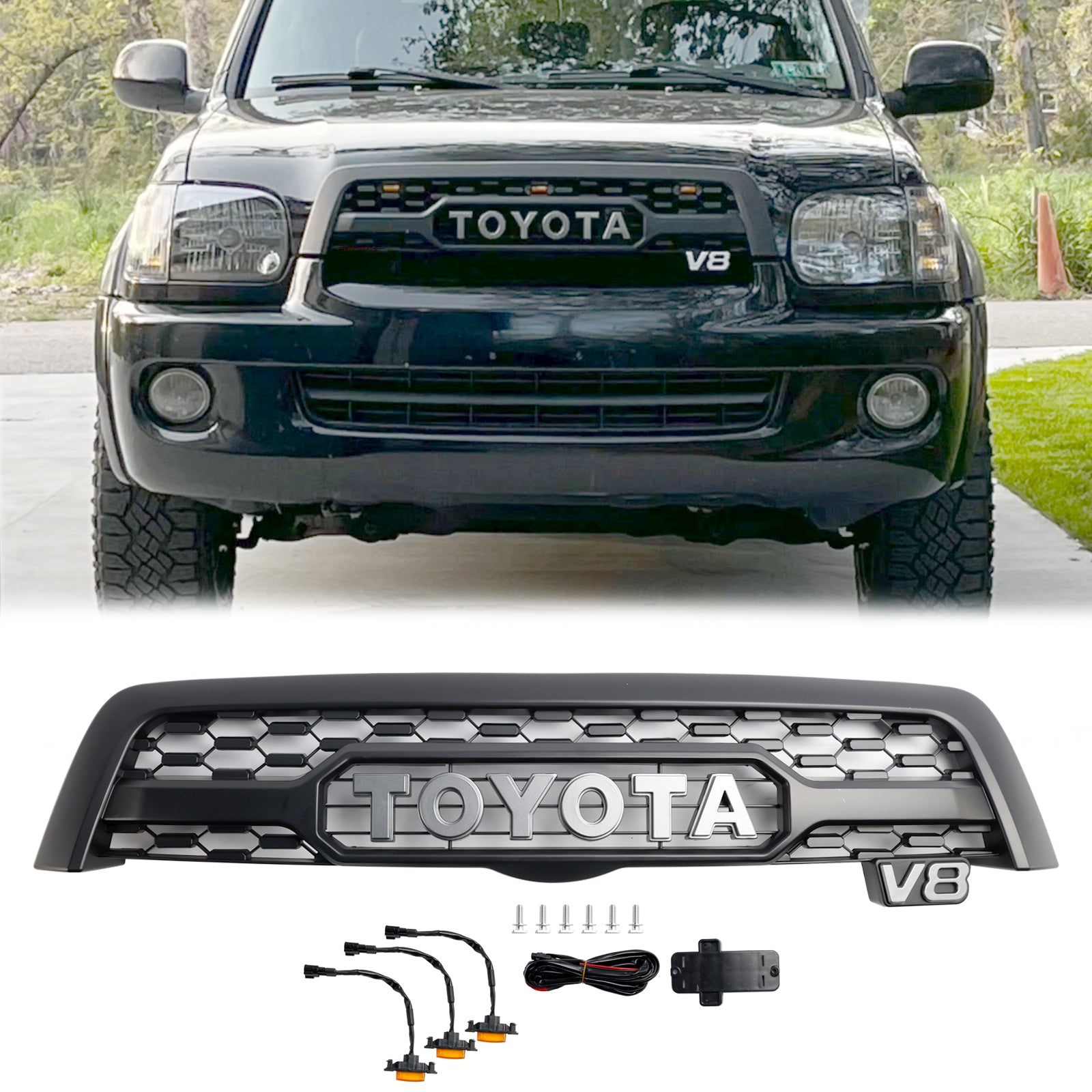 Parrilla delantera estilo TRO PRO de Toyota Sequoia 2005-2007, color negro mate, con luz LED