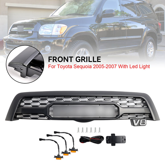 Parrilla de parachoques delantero estilo Toyota Sequoia TRD PRO 2005-2007, rejilla negra mate con luz LED