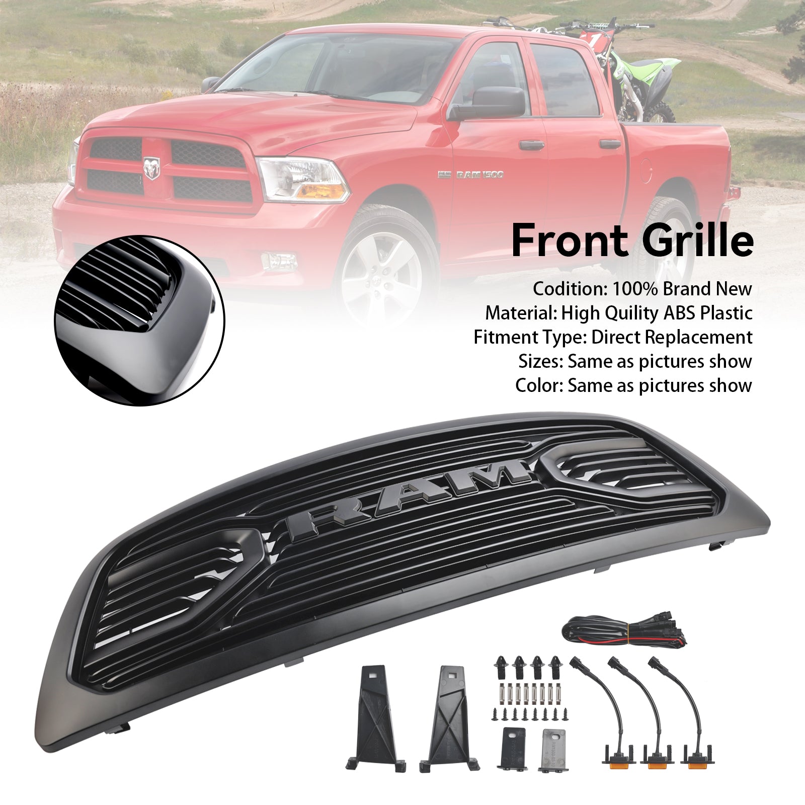 2009-2012 Dodge Ram 1500 Matte Black Big Horn Grill With LED Light Front Bumper Replacement Grille