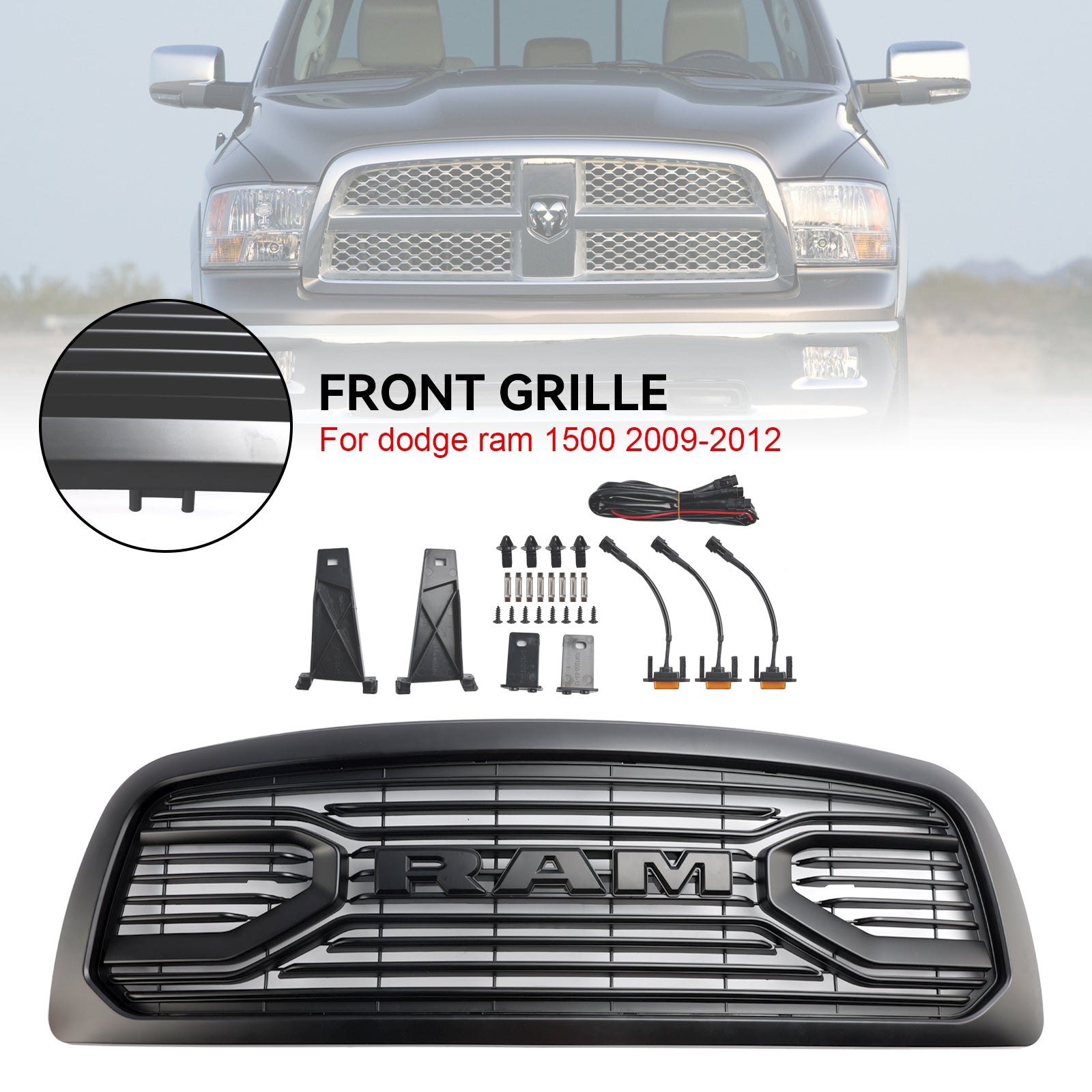 2009-2012 Dodge Ram 1500 Matte Black Big Horn Grill With LED Light Front Bumper Replacement Grille