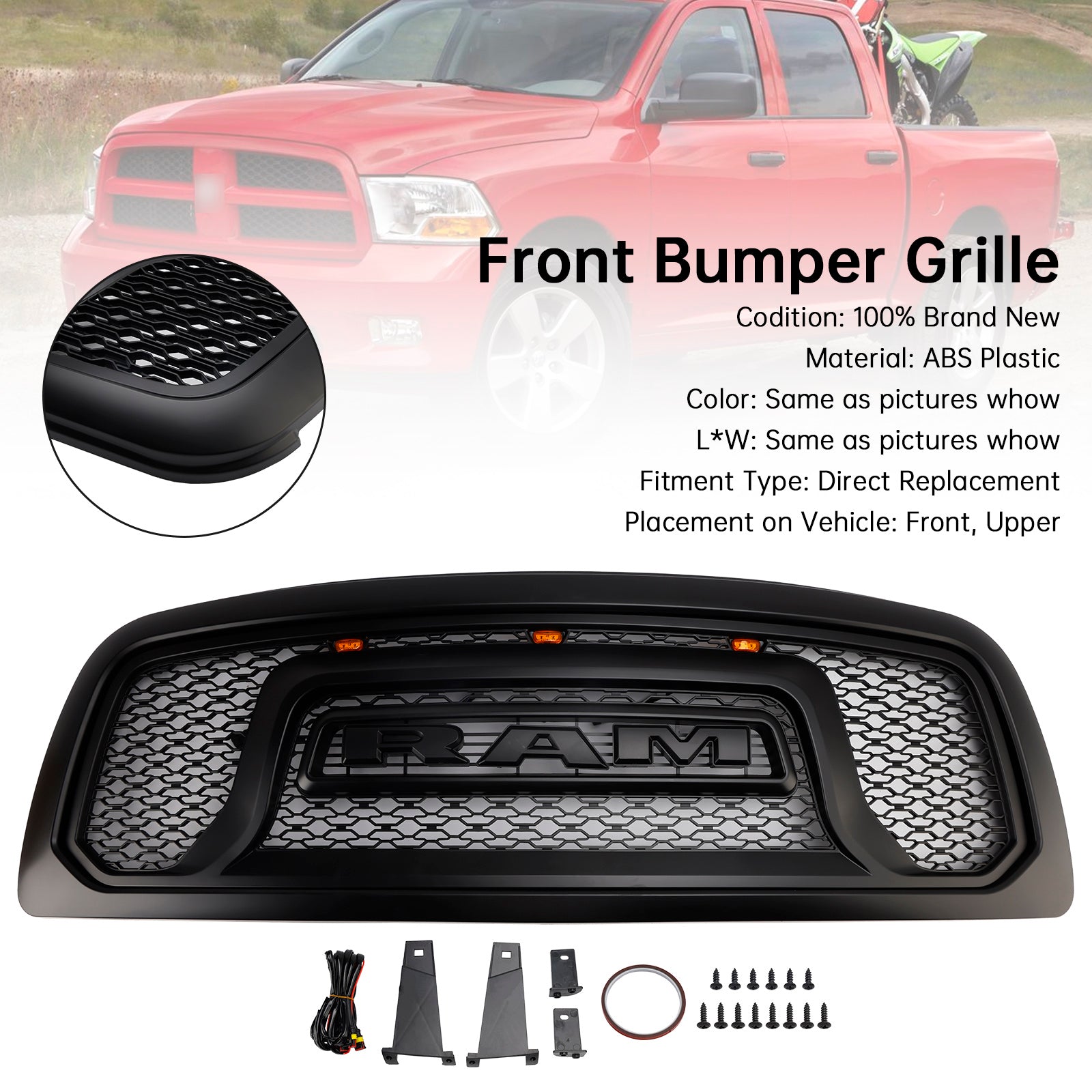 Dodge Ram 1500 2009-2012 Rebel Style Grill Front Bumper Black Replacement Grille W/ LED