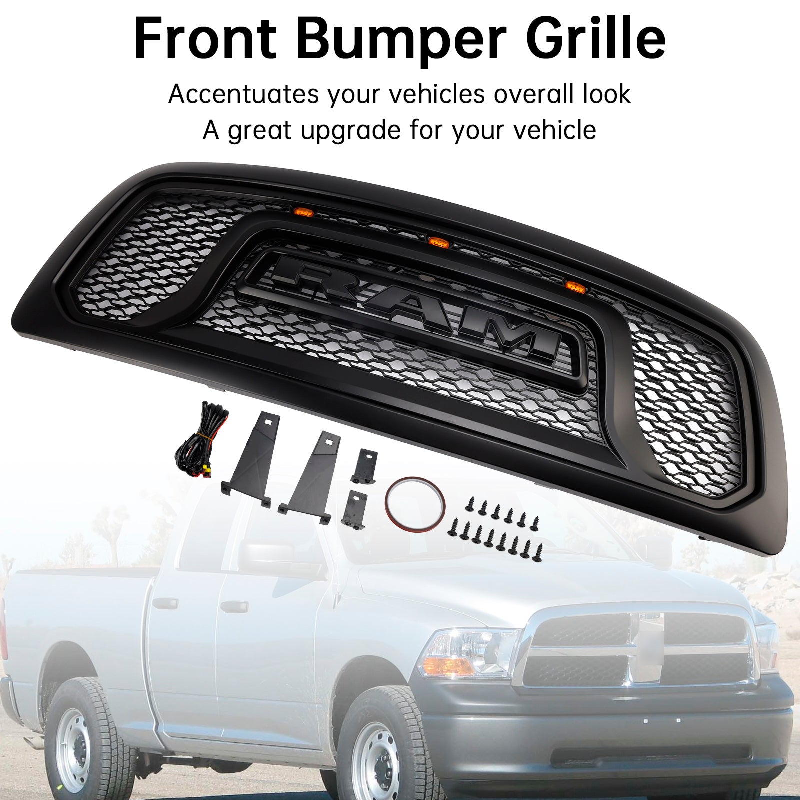 Dodge Ram 1500 2009-2012 Rebel Style Grill Front Bumper Black Replacement Grille W/ LED
