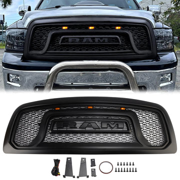 Dodge Ram 1500 2009-2012 Rebel Style Grill Front Bumper Black Replacement Grille W/ LED