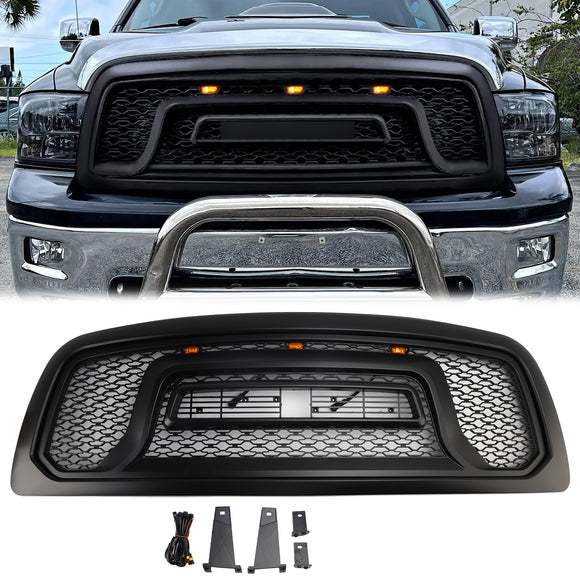Dodge Ram 1500 2009-2012 Rebel Style Grill Front Bumper Black Replacement Grille W/ LED & RAM Letter