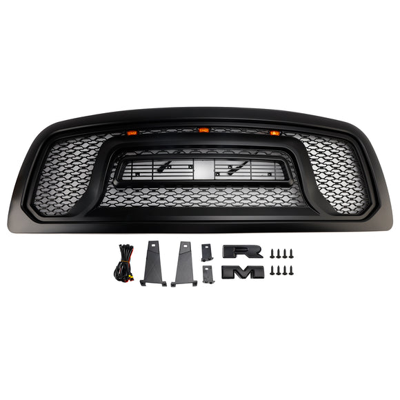 Dodge Ram 1500 2009-2012 Rebel Style Grill Front Bumper Black Replacement Grille W/ LED & RAM Letter