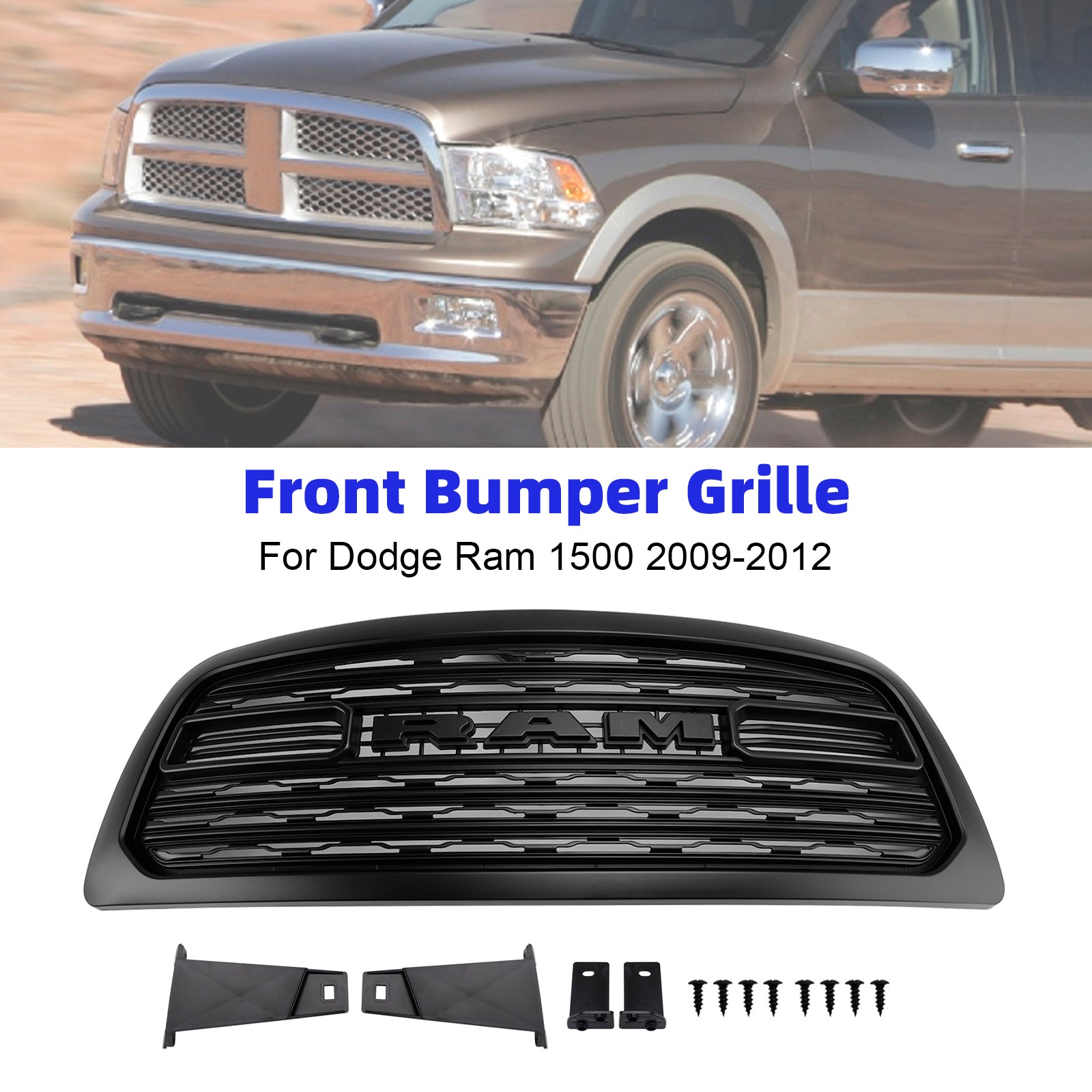 Dodge Ram 1500 2009-2012 Rebel Style Grill Front Bumper Black Replacement Grille W/ LED