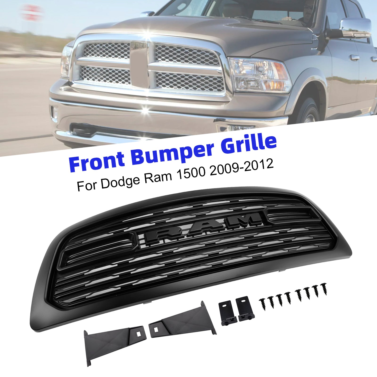 Dodge Ram 1500 2009-2012 Rebel Style Grill Front Bumper Black Replacement Grille W/ LED