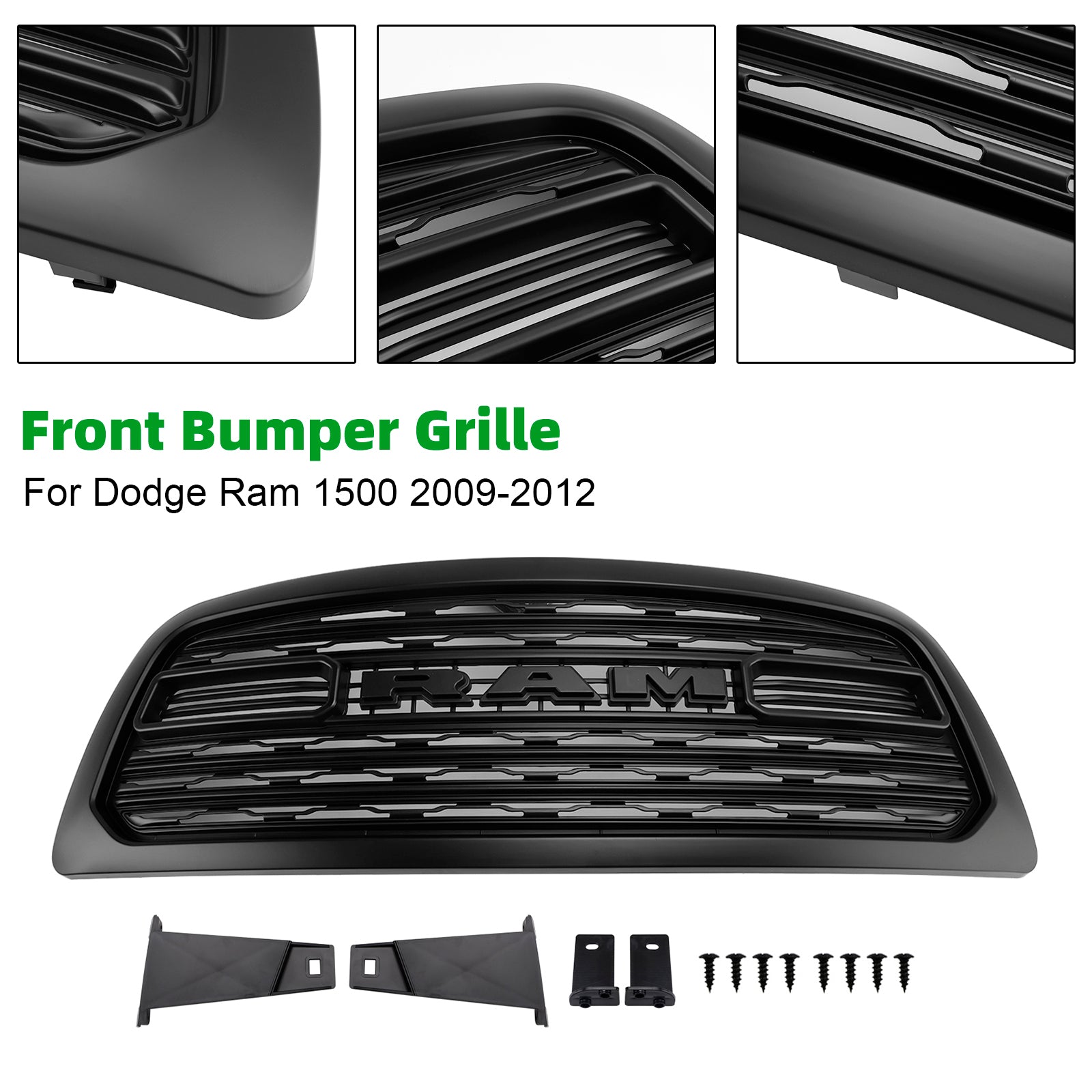 Dodge Ram 1500 2009-2012 Rebel Style Grill Front Bumper Black Replacement Grille W/ LED