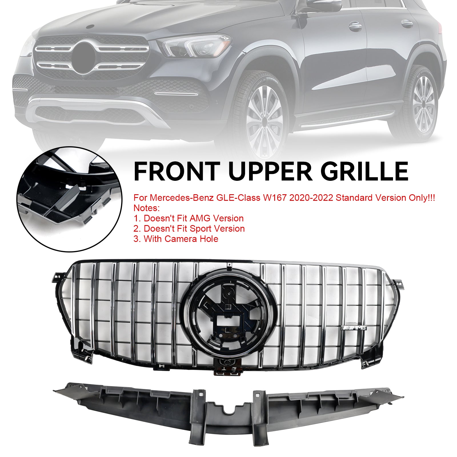 Mercedes-Benz GLE-Class W167 2020-2022 GLE350/450/400d Standard Front Bumper Grille Glossy Black Grill