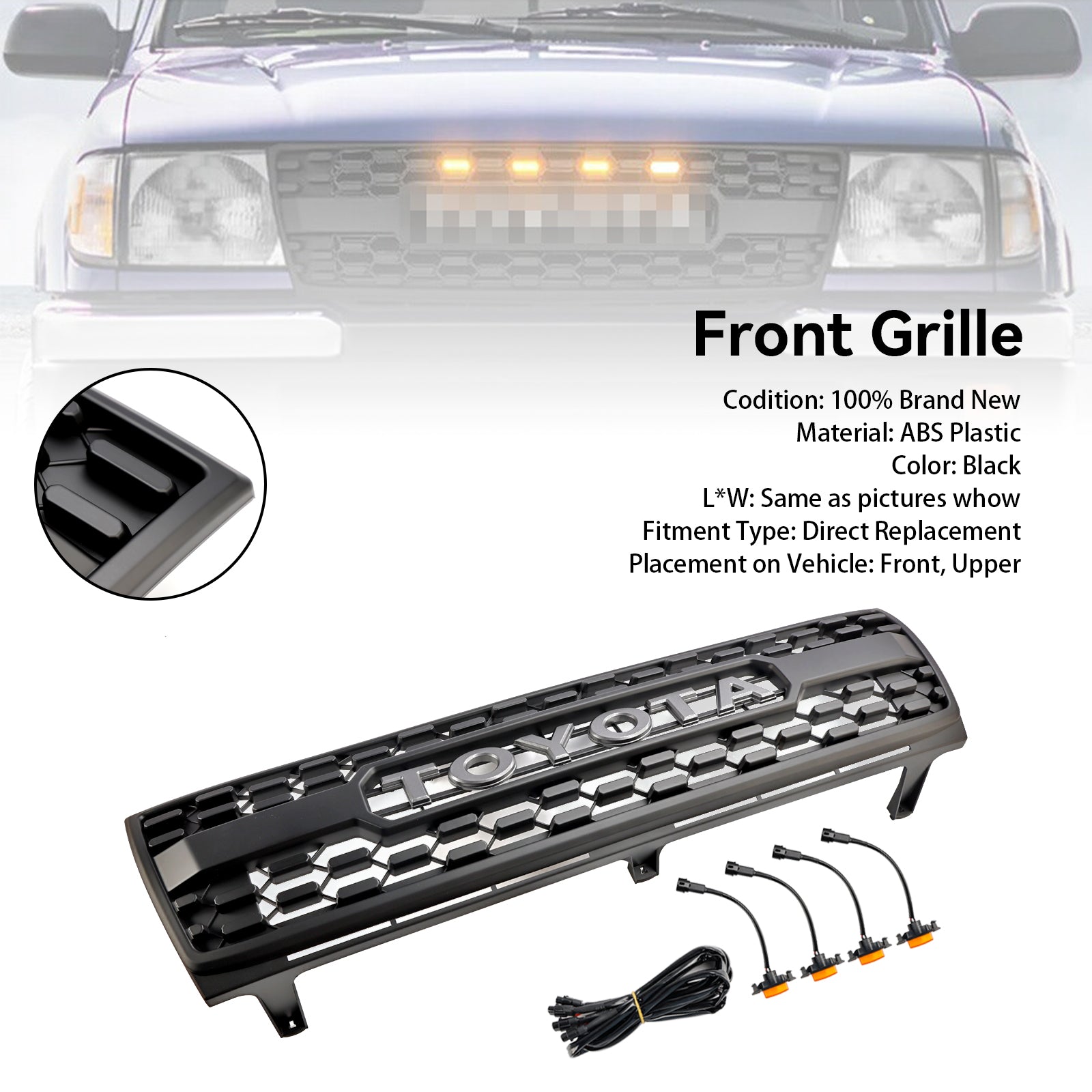 1997-2000 Toyota Tacoma Honeycomb Front Bumper Grill TRD PRO Style Black Grille W/ LED Light