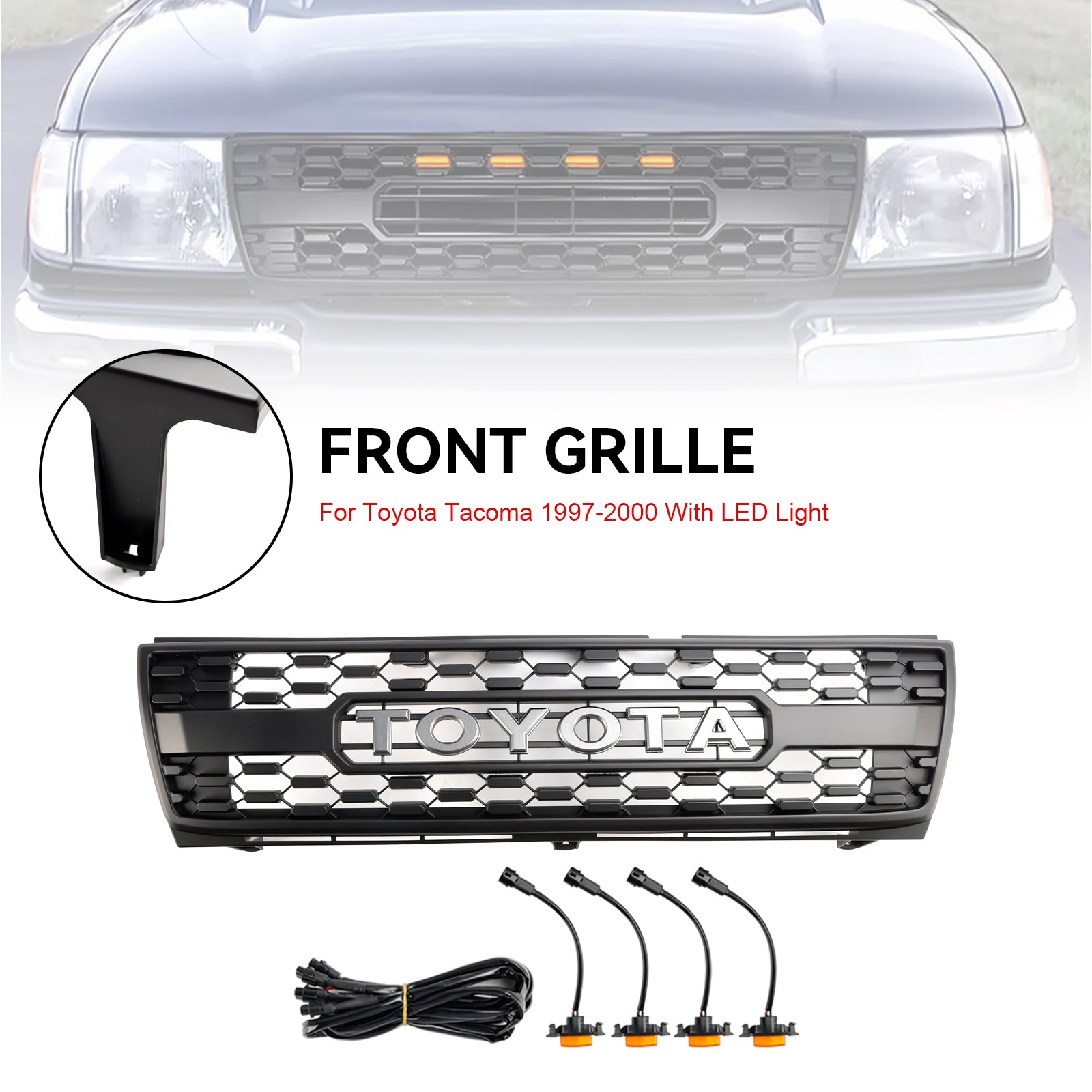 Toyota Tacoma 1997 1998 1999 2000 TRD PRO Style Matte Black Grill Honeycomb Front Grille With LED Light & Letter