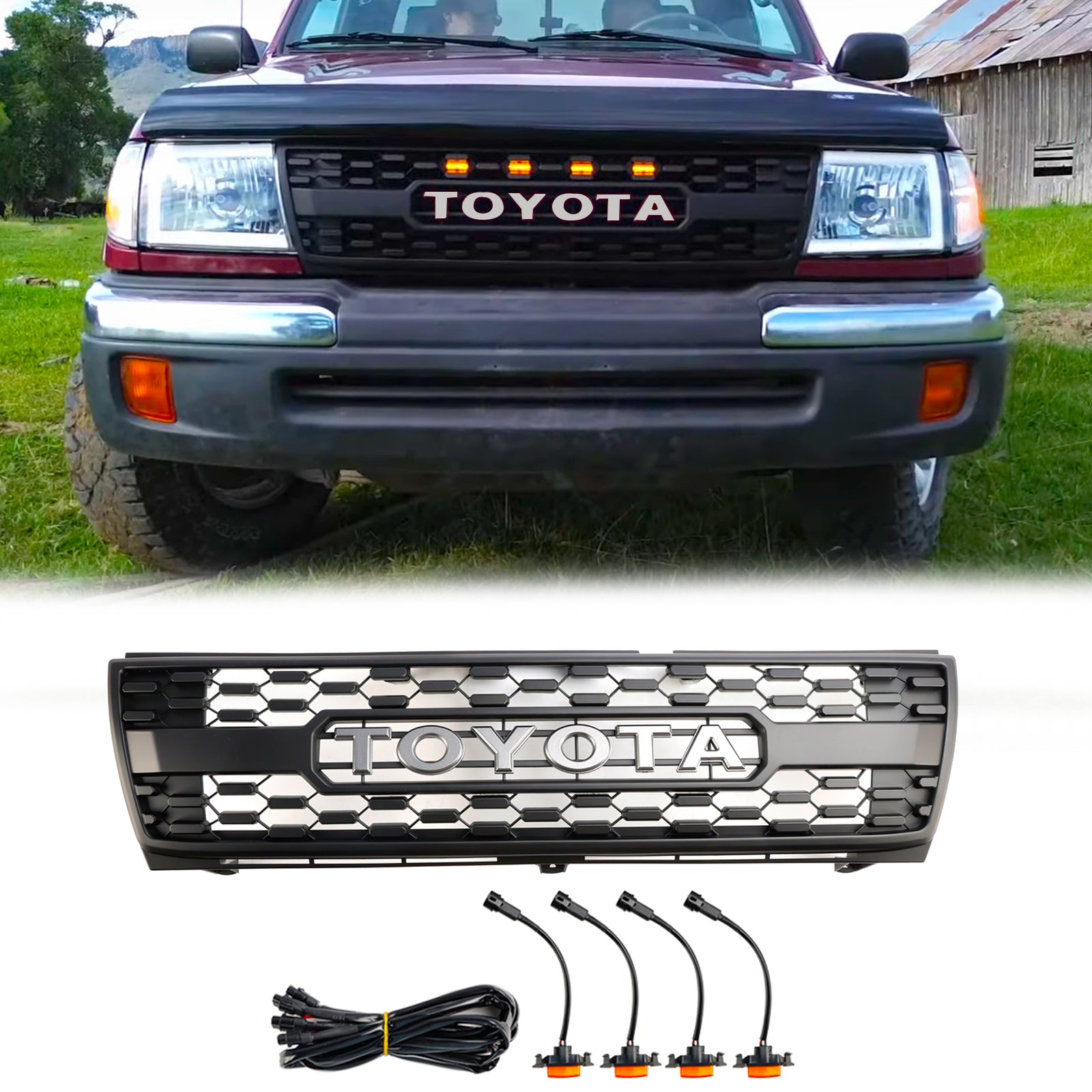 TRD PRO Style | Toyota Tacoma | 1997-2000| Front Bumper | Matte Black Replacement Grill + LED Light + Letter