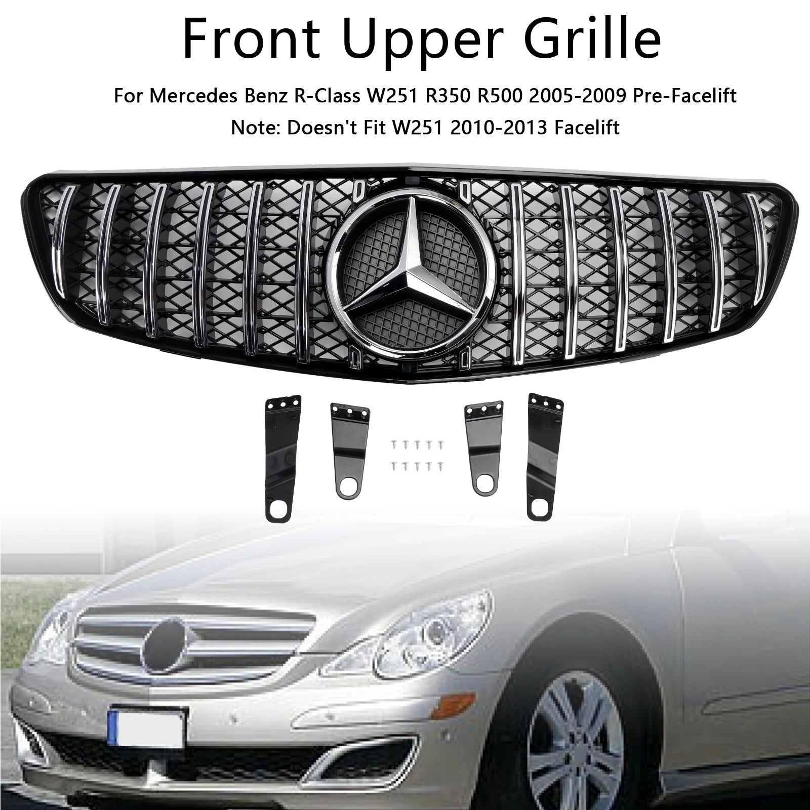 Grille de pare-chocs avant de style GT pré-rehaussée Mercedes Benz Classe R W251 R350 R500 2005-2010 Grille chromée noire