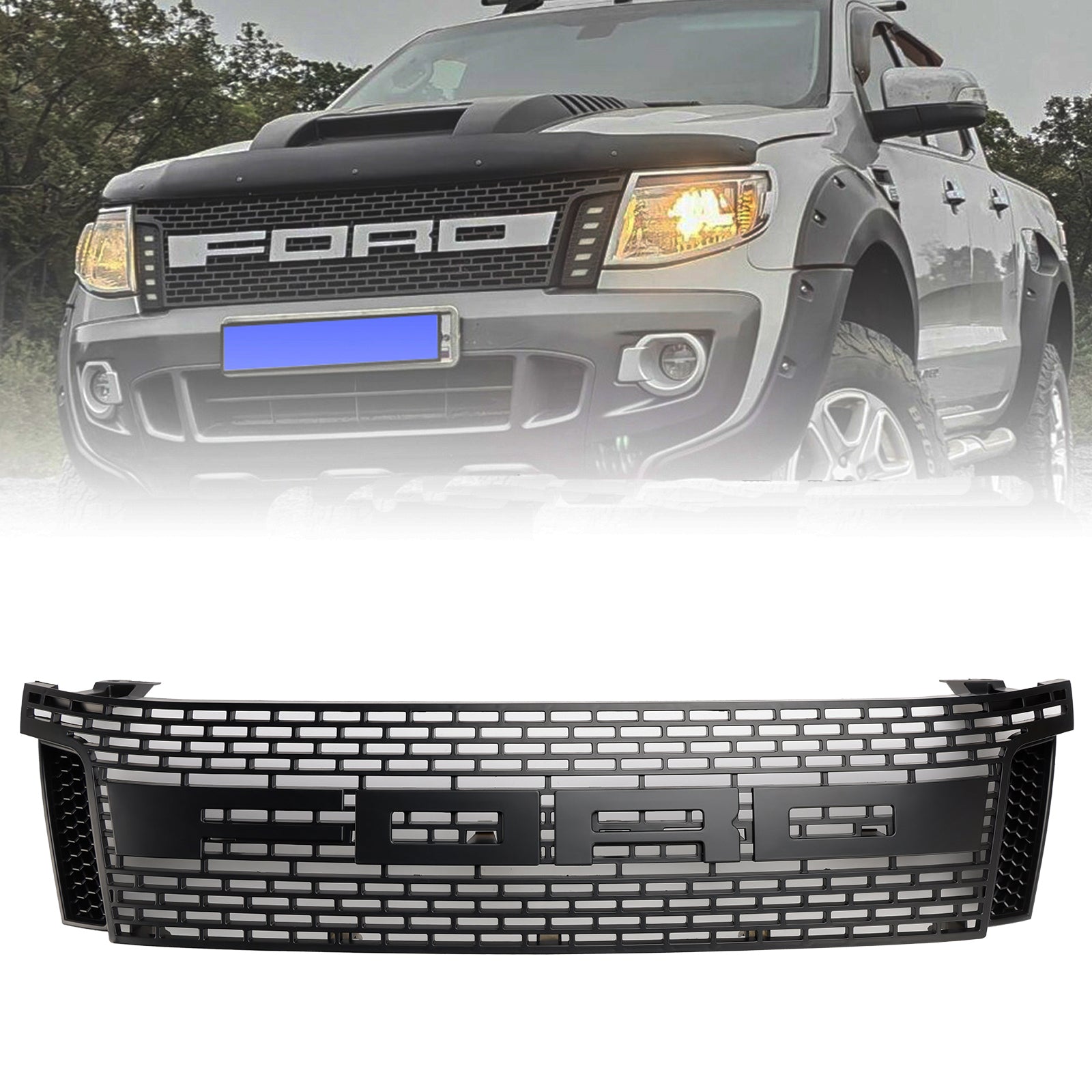 Parrilla delantera estilo Raptor para Ford Ranger T6 PX1 2012-2014, color negro mate, con LED