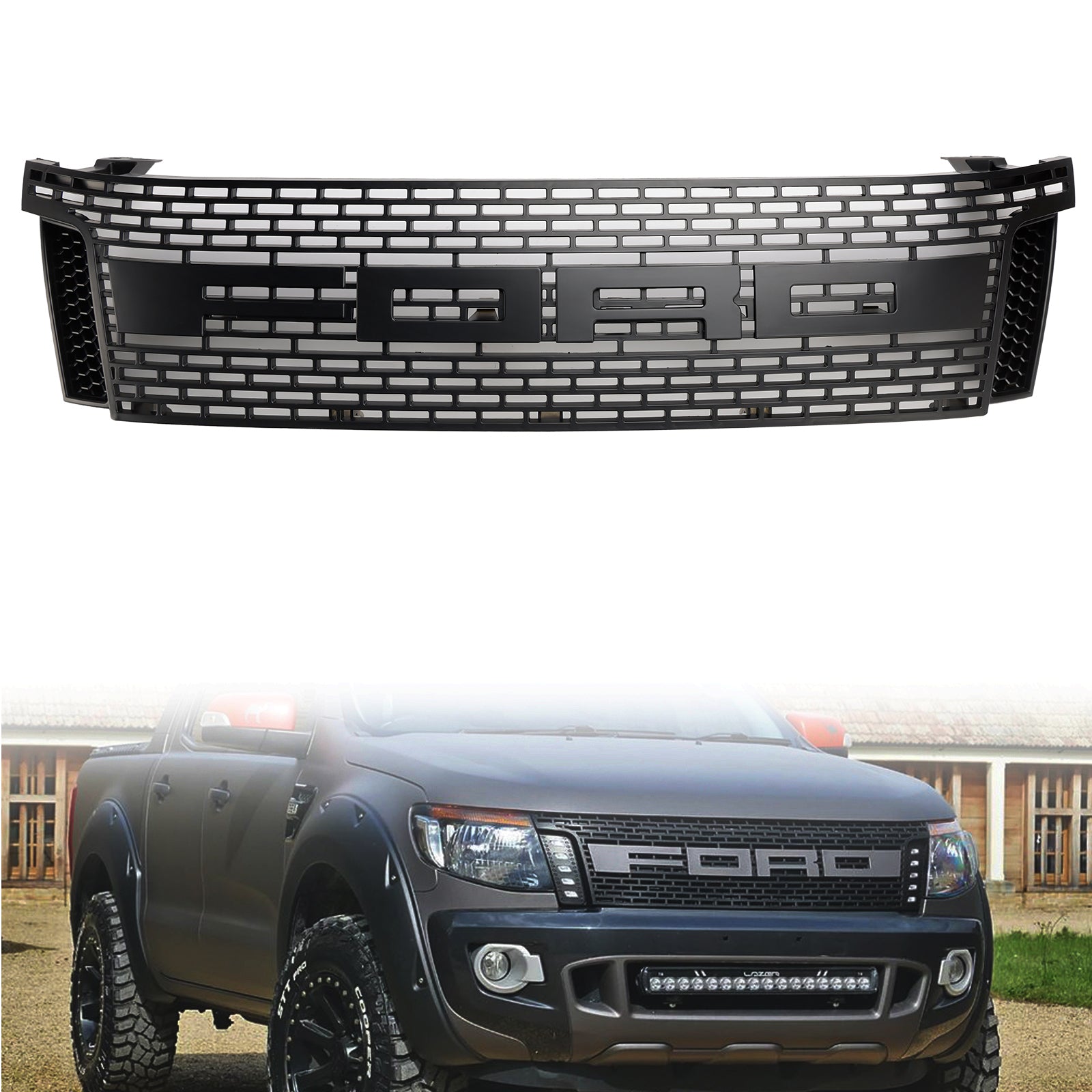 Parrilla delantera estilo Raptor para Ford Ranger T6 PX1 2012-2014, color negro mate, con LED