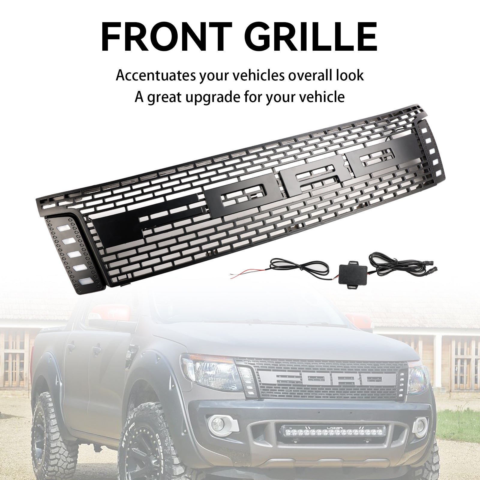 Grille de pare-chocs avant style Raptor Ford Ranger T6 PX1 2012-2014 Grille noire mate avec LED