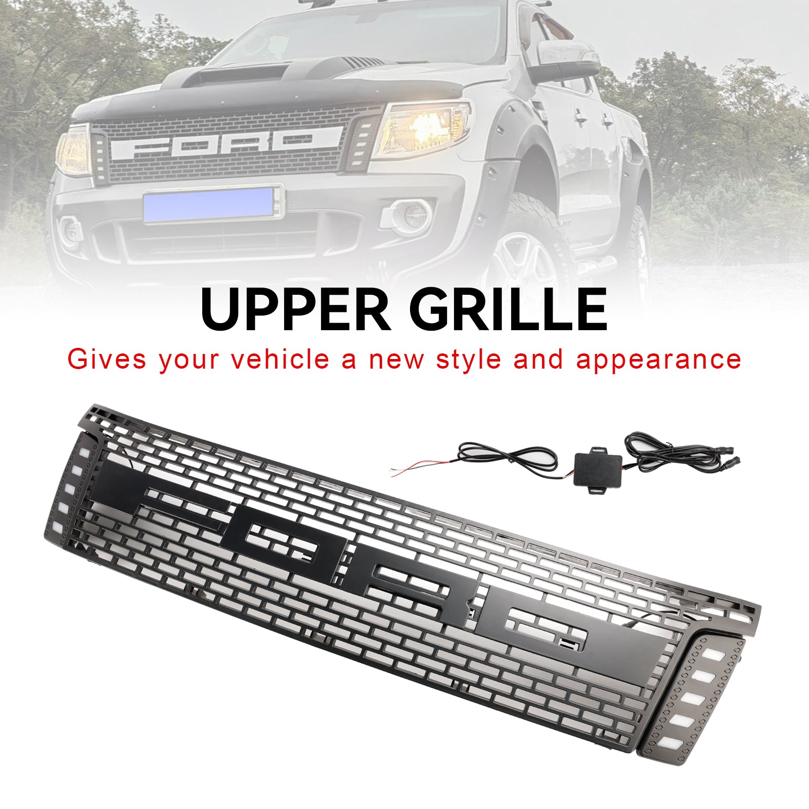 Grille de pare-chocs avant style Raptor Ford Ranger T6 PX1 2012-2014 Grille noire mate avec LED