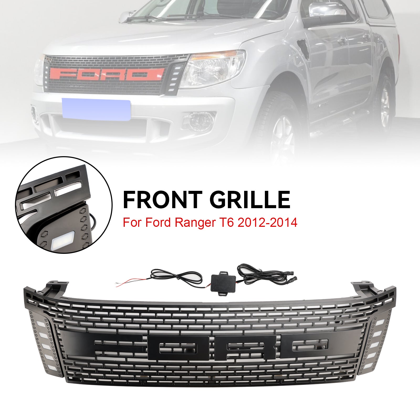 Grille de pare-chocs avant style Raptor Ford Ranger T6 PX1 2012-2014 Grille noire mate avec LED