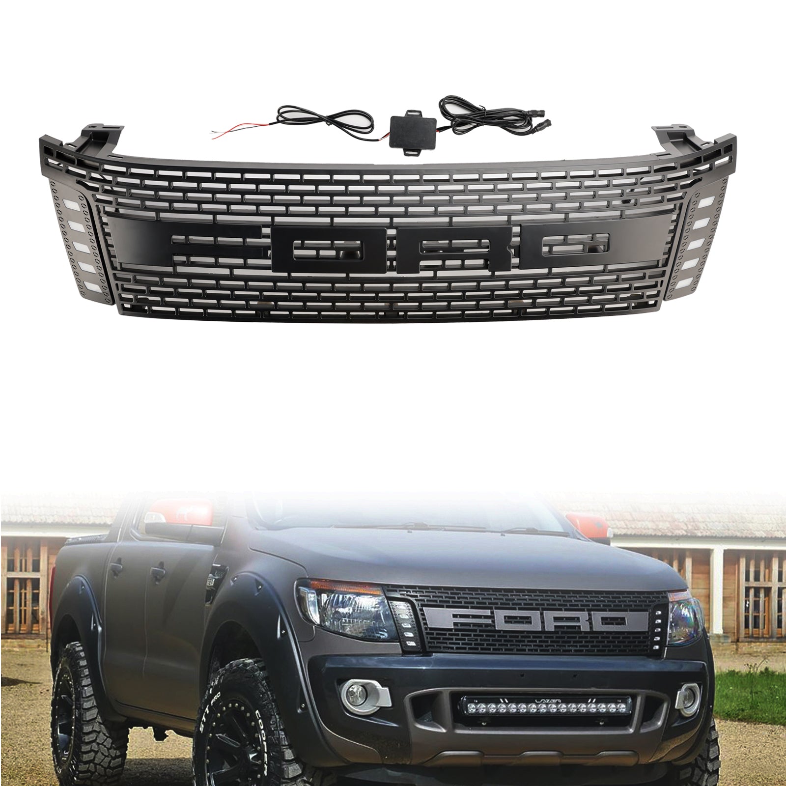 Estilo Raptor | Ford Ranger T6 PX1 | Negro mate | 2012 2013 2014 2015 | Rejilla delantera de entrada de aire y radiador con luz LED