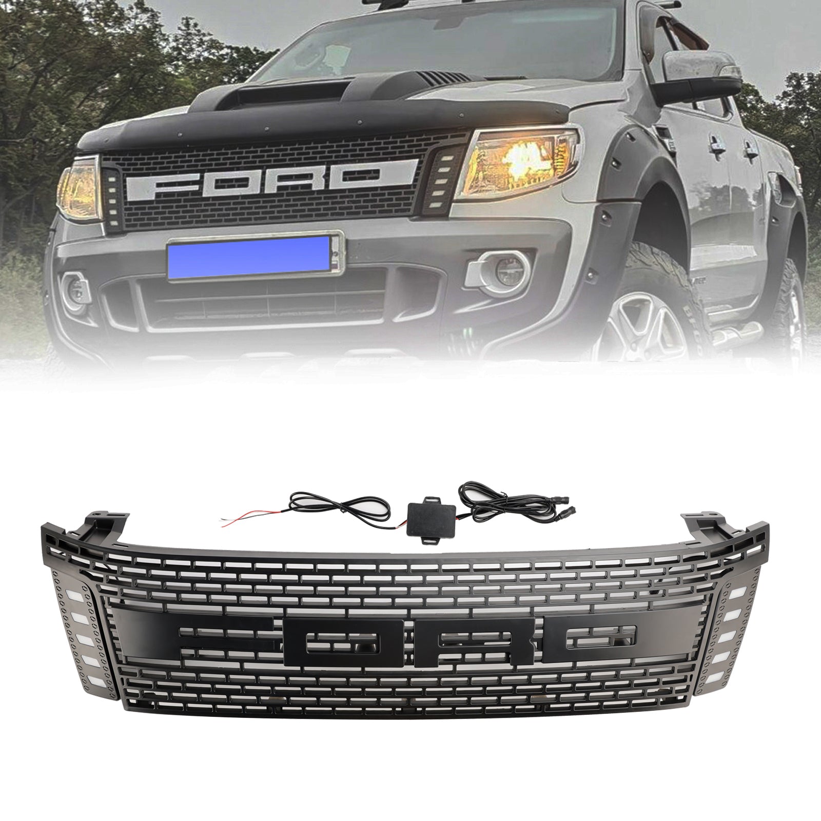 Grille de pare-chocs avant style Raptor Ford Ranger T6 PX1 2012-2014 Grille noire mate avec LED