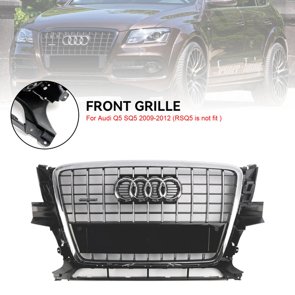 2009-2012 Audi Q5 / SQ5 Front Grille Chrome Slat Style Quattro Bumper Replacement Grill W/ Ring Emblem