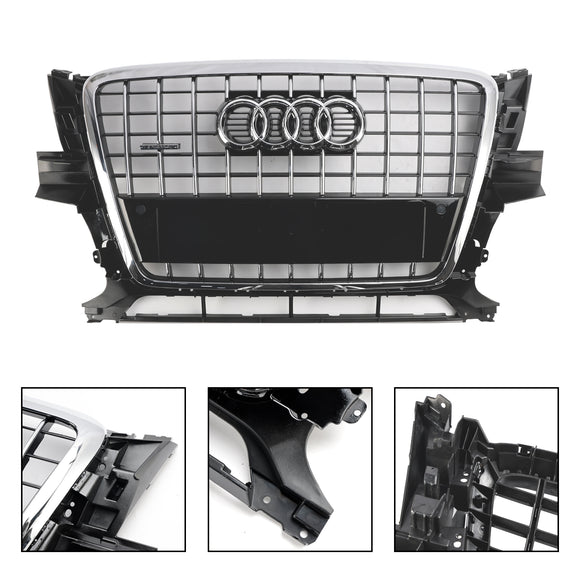 2009-2012 Audi Q5 / SQ5 Front Grille Chrome Slat Style Quattro Bumper Replacement Grill W/ Ring Emblem