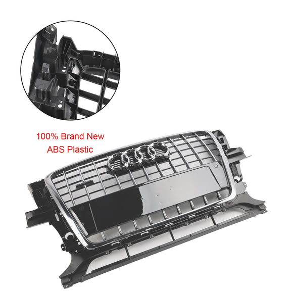 2009-2012 Audi Q5 / SQ5 Front Grille Chrome Slat Style Quattro Bumper Replacement Grill W/ Ring Emblem