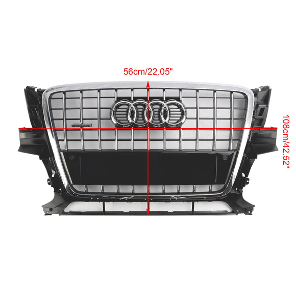 2009-2012 Audi Q5 / SQ5 Front Grille Chrome Slat Style Quattro Bumper Replacement Grill W/ Ring Emblem