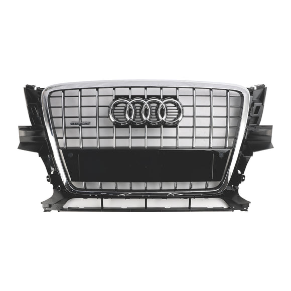 2009-2012 Audi Q5 / SQ5 Front Grille Chrome Slat Style Quattro Bumper Replacement Grill W/ Ring Emblem