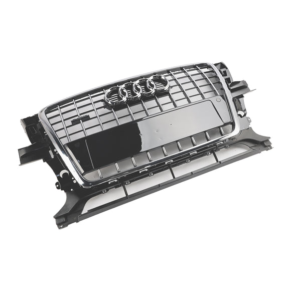 2009-2012 Audi Q5 / SQ5 Front Grille Chrome Slat Style Quattro Bumper Replacement Grill W/ Ring Emblem