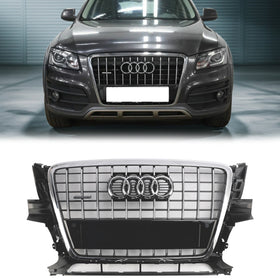 2009-2012 Audi Q5 / SQ5 Front Grille Chrome Slat Style Quattro Bumper Replacement Grill W/ Ring Emblem
