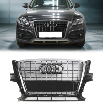 2009-2012 Audi Q5 / SQ5 Front Grille Chrome Slat Style Quattro Bumper Replacement Grill W/ Ring Emblem