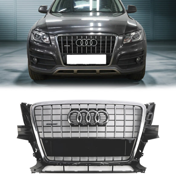 2009-2012 Audi Q5 / SQ5 Front Grille Chrome Slat Style Quattro Bumper Replacement Grill W/ Ring Emblem
