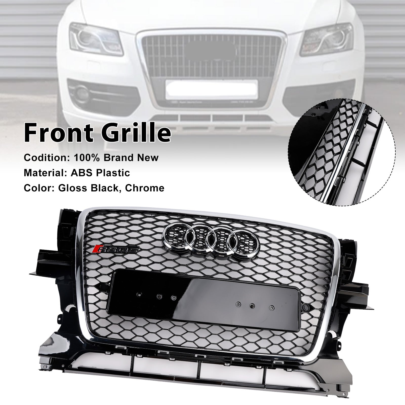 Audi Q5 SQ5 2009-2012 Chrome/Black Front Grille RS Style Honeycomb Upper Bumper Grill