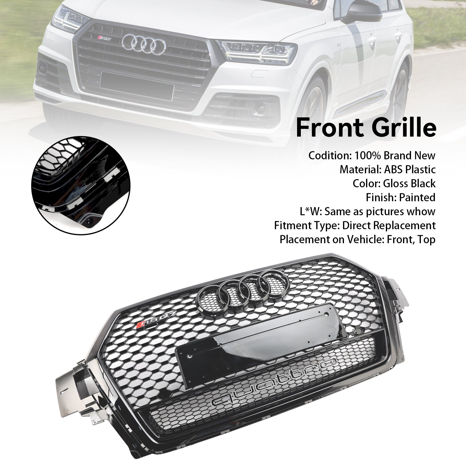 Grille de pare-chocs avant en nid d'abeille Audi Q7 / Q7 Sline / SQ7 2016-2019 style RSQ7 Grille noire brillante