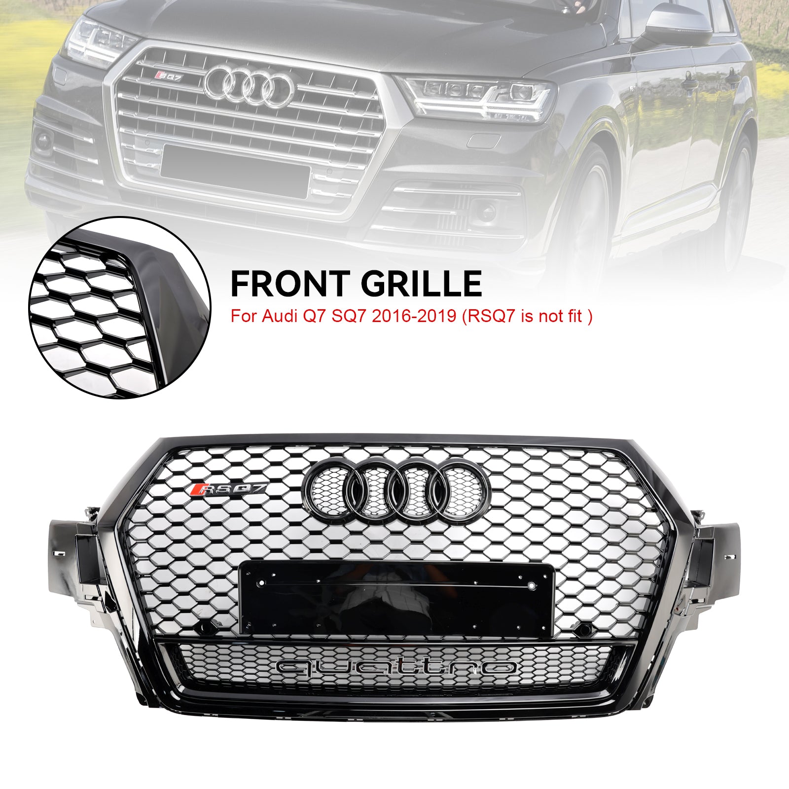 Grille de pare-chocs avant en nid d'abeille Audi Q7 / Q7 Sline / SQ7 2016-2019 style RSQ7 Grille noire brillante