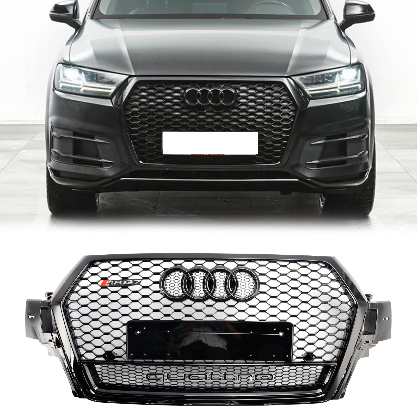 Parachoques delantero estilo RSQ7 con rejilla de malla de panal de abeja, color negro brillante, Audi Q7 / Q7 Sline / SQ7 2016-2019