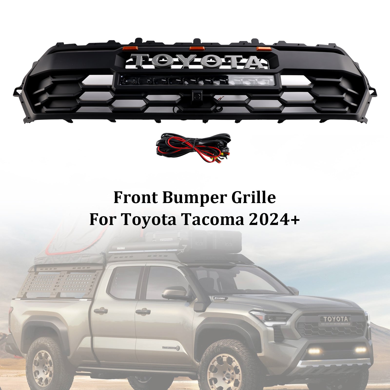 TRD PRO Style | Toyota Tacoma | 2024 | Matt Black Grill | Front Bumper Replcement Grille With Light Bar & LED W/ Letter