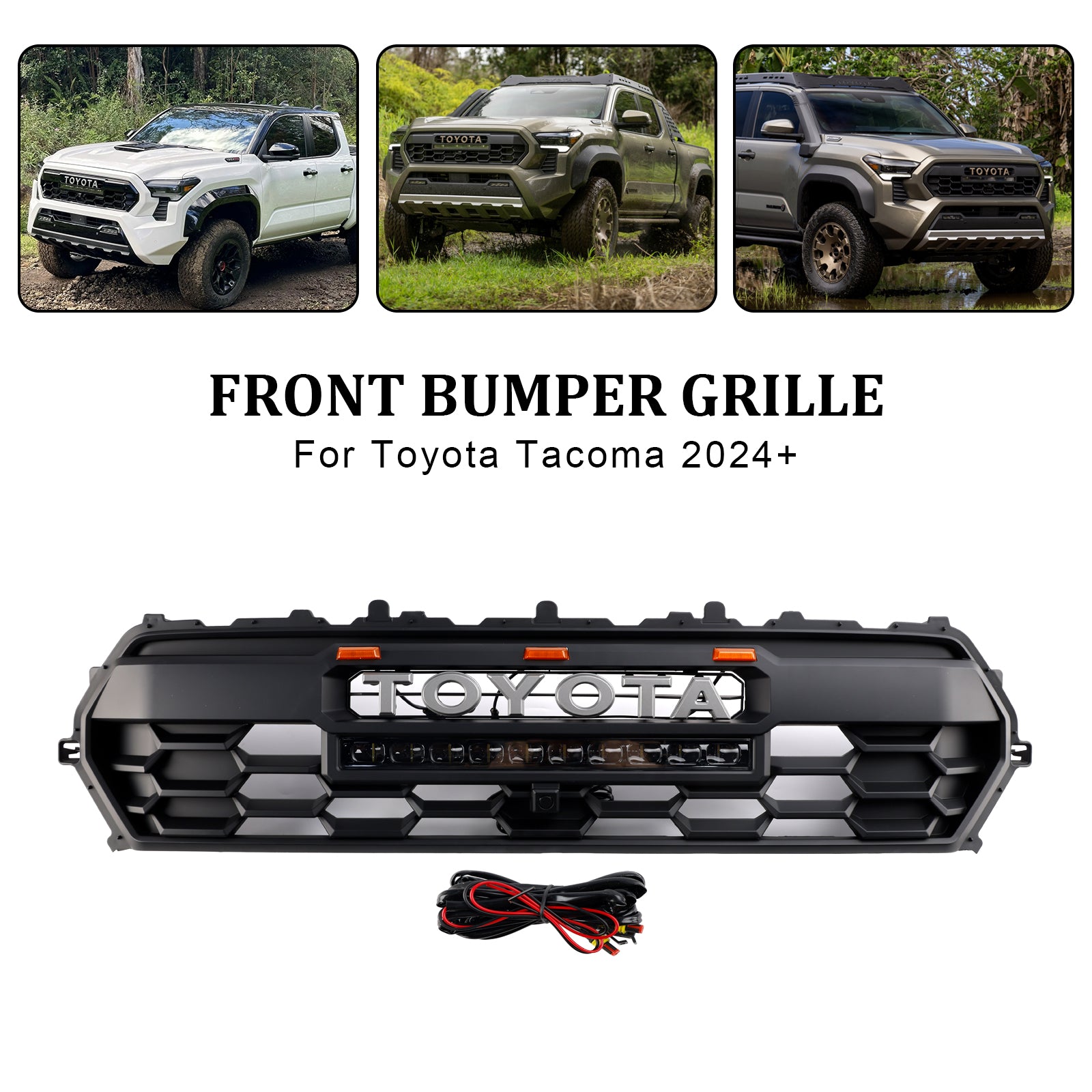 TRD PRO Style | Toyota Tacoma | 2024 | Matt Black Grill | Front Bumper Replcement Grille With Light Bar & LED W/ Letter