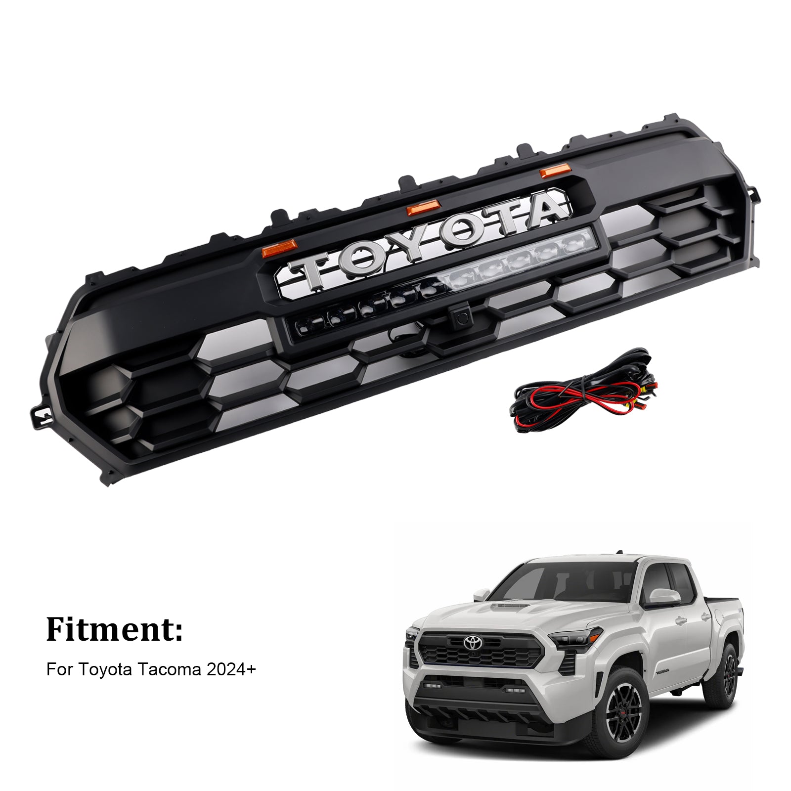 Toyota 2024 Tacoma TRD Pro Front Grille Black Honeycomb Grill + LED Light + Light Bar + Letter