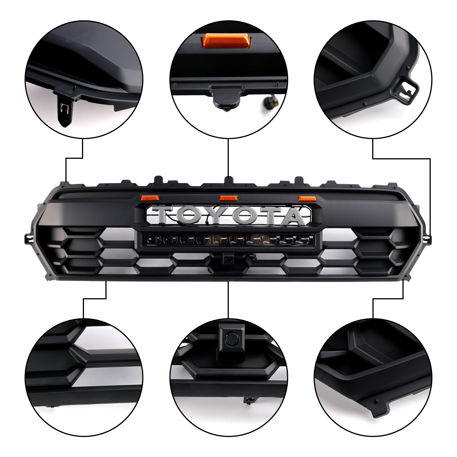 Parrilla delantera estilo TRD PRO para Toyota Tacoma 2024, color negro, con barra de luces LED