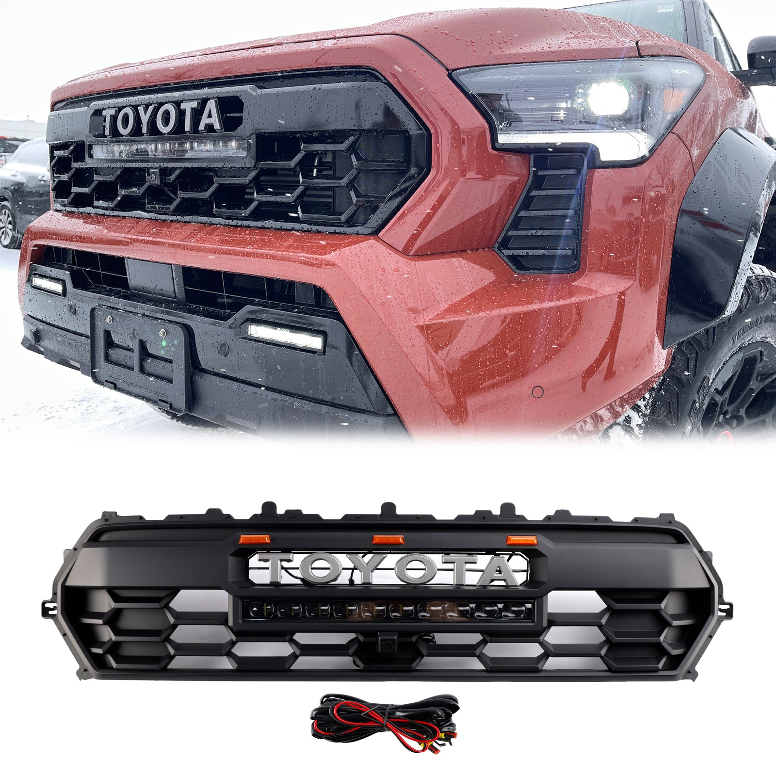 TRD PRO Style | Toyota Tacoma | 2024 | Matt Black Grill | Front Bumper Replcement Grille With Light Bar & LED W/ Letter